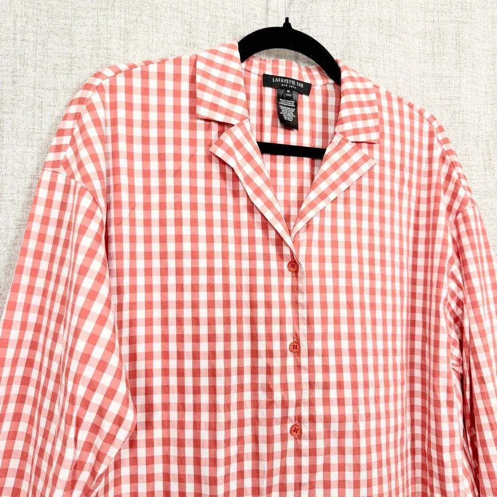 Lafayette 148 Red Gingham Button Down Shirt Sz M 4th of July Picnic BBQ Preppy - Picture 2 of 6